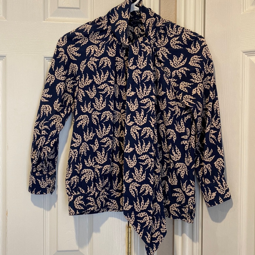 French Connection Navy Blue and Cream Printed Tie-Neck Blouse